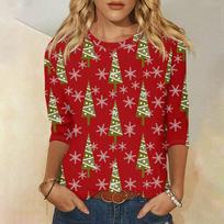 Christmas Limited Edition Women's 3D Red Christmas Tree Printed Round Neck Long Sleeve T-shirt Fashion Casual Long Sleeve Top S