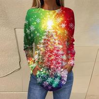 3D Gradient Color Christmas Tree Print Round Neck Long-sleeved T-shirt Casual Long-sleeved Top S