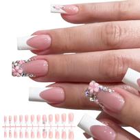24Pcs French Tip Press On Nails With Rhinestones And 3D Flowers Stick On Nails Manicure Supplies For Stylish Women 1