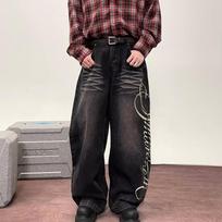 Autumn Men's Letter Printed Straight-Leg Baggy Jeans Hip Hop Washed Denim Pantalones American Retro Y2K Streetwear Jean XS juoda