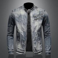 Vyriškas mėlynas džinsinis švarkas Laisvalaikio retro stiliaus stovimos apykaklės Vyriškas paltas su daug užtrauktuku dizaino tendencija Streetwear užtrauktuku paltai M mėlyna