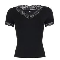 American-Style Spicy Retro Lace V-Neck Short-Sleeve T-Shirt for Women, 2026 Spring/Summer Niche Casual Black Slim-Fit Top Black S