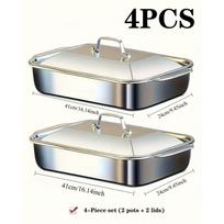 4-Piece Stainless Steel Baking Pan Set with Lids-16''x9'' Deep Dish for Fish/Pasta/Grilling Oven & Dishwasher Safe Cookware 4.2L