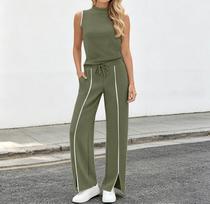 Women's 2-Piece Sleeveless Tank Top and Wide Leg Pant Set for Workout and Casual Wear L armijos žalia spalva