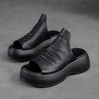 2026 Summer New Genuine Leather Platform Clog Sandals Women Hollow Out Fish Mouth Mules Comfortable Thick Sole Casual Shoes 35 juoda