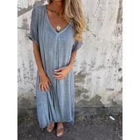 Casual Spring Summer Loose Short Sleeved V-neck Solid Color Cotton Linen Casual Dresses S pilka spalva