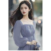 Elegant Blue Chiffon Fairy Dress - 2026 French Princess Style with Waist-Cinching Design M (90-100 lbs)