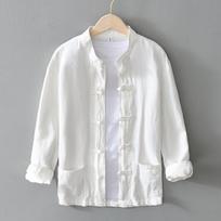 Long-sleeved male's Chinese Style Shirt, Mandarin Collar with Traditional Chinese Buttons Kung Fu Shirt XXXXXL balta