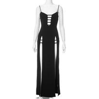 M24Ds221 European and American Cross-Border Women's Clothing Summer New Sexy Spaghetti Strap Hollow-Out Slim High-Waisted Slit Long Dress Black M