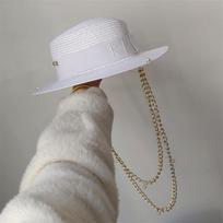 Punk Chain Straw Hat Pearl Chain DIY Jazz cap Sun Hat New Korean Letter Hat Beach Hat Men's and Women's Punk Hat Candy Color Sun 56-58cm