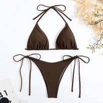 Sexy Women Thong Solid Color Bikini Set Side Halter Tie Swimsuit Ladies Split Strap Adjustable  Brazilian Swimwear Beachwear S ruda