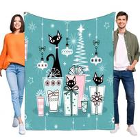 Retro Christmas Black Cat Fleece Blanket Teal Atomic Starburst Sofa Throw Soft Cozy Mid-Century Holiday Decor Xmas Gift for Cat Size: 75*100cm, Weight: 230 GSM