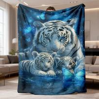 Adorable Tiger Family Starry Night Blue Blanket Throw Plush Fleece Throw Cozy Gift for Sofa Bed Decor Size: 75*100cm, Weight: 230 GSM