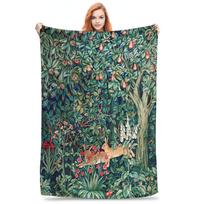 GREENERY, FOREST ANIMALS Hares Blue Green Blankets Soft Warm Flannel Throw Blanket Cover for Bed Living room Picnic Travel Sofa Size: 75*100cm, Weight: 230 GSM