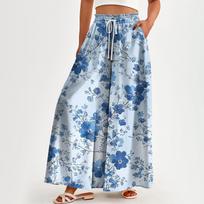 Moteriškos kelnės aukštu liemeniu plačiomis blauzdomis Laisvalaikės Flowy Palazzo Pants kelnės su gėlėmis su kišenėmis L mėlyna