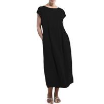 Casual Women Summer Solid Color Short Sleeve Baggy Beach Shift Kaftan Midi Dress L juoda