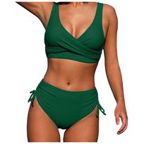 Women's Split Bikini Colour Strappy High Waist Sexy Swimsuit L žalia