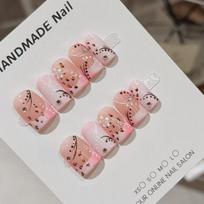 Handmade Press On Nails Pink Gradient with Brown Leopard Print & Shiny Rhinestones XS
