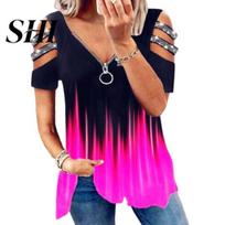 Soft Women Top Summer T-shirt Hollow Out Shoulder Rhinestone Decor Short Sleeves Plus Blouse Size Loose Hem V Neck Gradient Contrast Color Lady 2XL raudona