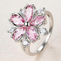 Pink Glass Cherry Blossom Flower Silver-Plated Ring, Light Luxury Women's Floral Ring, Daily Accessory, Simple Niche Creative Design Ring Size9
