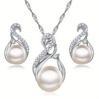 Accessory Designer's Luxurious Shiny Synthetic Zircon Geometric Figure Eight Letter White Round Bead Pendant Earrings Necklace Set sidabras