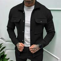 Men Solid Color Turn Down Collar Long Sleeve Casual Fleece Jacket S juoda