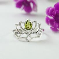 Silver Lotus Ring, Natural Peridot, August Birthstone 4.25