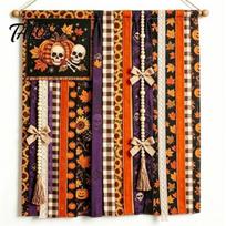 Polyester Party Supply Halloween Rag Banner, Orange Black Skull Ghost Pumpkin Hanging Decoration, Rustic Festive Flag Garland Fabric Stripe Banner for Skull