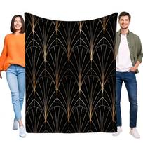 Luxury Elegant Art Deco Black Gold Geometric Fan Throw Blanket, Ultra Soft Flannel Fleece Sofa Bed Cover, Cozy Warmth, Home Deco Size: 75*100cm, Weight: 230 GSM
