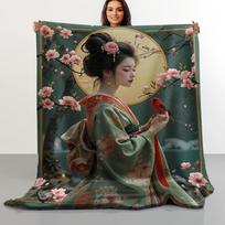 Vintage Japanese-Inspired Cherry Blossom Muse Printed Throw Blanket Soft Flannel Fabric Lightweight Warm All-Season Size: 75*100cm, Weight: 230 GSM