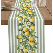 Vasaros Citrinų Vaisiai Gėlės Lino Stalo Bėgikas Komodos Skara Dekoras Žali Baltai Dryžuoti Stalo Bėgikai Šventinė Virtuvės vakarėlio Dekoras 150x33cm 59x13inch
