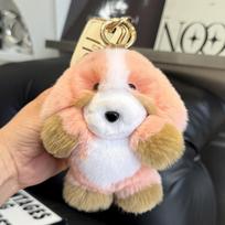 Cute Fluffy Real Rex Rabbit Fur Puppy Keychain For Women Bag Fluffy Pompom Lovely Keyring 14 cm raudona