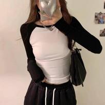 American-Style Spicy Girl Style Raglan Long-Sleeve T-Shirt for Women, Spring and Autumn, Pure Cotton, Slim Fit, High-Waisted, Color-Blocking Inner Top White with Black S