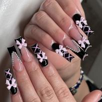 Black Glossy Coffin Press On Nail with Pink Bows Designs Stick on Nail Full Cover False Nail for Parties and Weddings 1