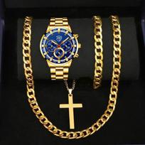 Watch Gold Four-Piece Men'S Accessories Watch Necklace Bracelet Cross Necklace