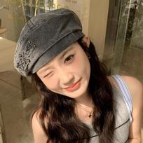 Retro Washed Cotton Demin Berets Rivet Patch Artist Cap Adjustable Painter Hat  Unisex pilka