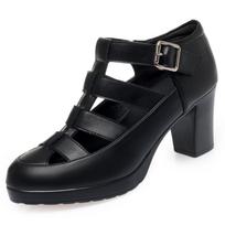 Fashion Breathable Cutout Close Head Platform Shoes Soft Leather 2024 Summer Block Med Heels Gladiator Sandals for Office Mom 35(Foot22.5cm)