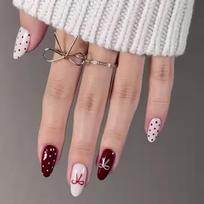24Pcs Press on Nail Full Cover Acrylic Nail with Bows and Dot Pattern Nail Decors Stick on Nail for Women and Girls 1
