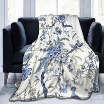 Chinoiserie pledas mėlynas ir baltas lauko mėlynos paukštės gėlės minkštas flanelis lengvas pledas šilti jaukūs pledai sofai Size: 180*230cm, Weight: 230 GSM
