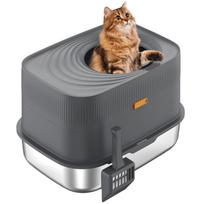 Stainless Steel Large Fully Enclosed Cat Litter Box Top Entry Easy Clean Pet Product Supplies Non-Sticky Cat Bedpans Accessories 59 42.8 42.3 pilka