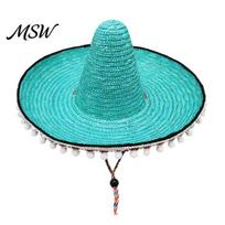 Bright Design Hat Mexican Sombrero with Colorful Poms, Hawaiian Style Woven Straw Sun Hat, Wide Brim Lightweight Party Costume for Summer Beach Travel ežero mėlyna spalva