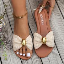 Women's Woven Bow Slides Beaded Decor Flat Sandals, Round Toe Comfortable Vacation Beach Slippers for Summer, Women Shoes 36 smėlis