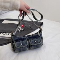 Y2K Spicy Girl Shoulder Bag Underarm Bag Cloth bag Portable Retro Denim Bag  Streetwear džinsinio mėlyna spalva