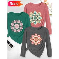 Lele Orientation Three-piece women's long-sleeve set Symmetrical mandala floral geometric ethnic style watercolor vintage print Spring, Summer, S