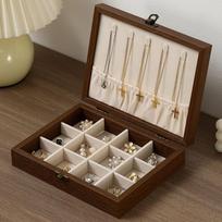 Walnut Wood Glass Lid Velvet Lined Velvet Interior Necklace Hanging Panel  Necklaces Storage 1-Grey