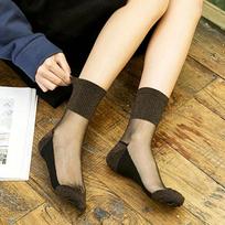 1 Pair Brown Shiny Detail Socks,Colorblock Sheer Mesh Mid Tube Socks, Women'S Stockings & Hosier M