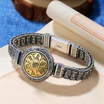 Chinese Style Retro Creative Six-character Mantra Revolving Transfer Silver Men's Bracelet Wild Fashion Trendy Personality 22cm