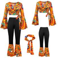 Retro 70s Disco Stage Performance Costume: White Printed Top and Long Pants for Women Extra Large (XL)