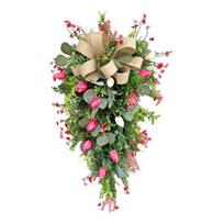 24  Tulip Teardrop Swag for Front Door Spring Artificial Teardrop Wreath with Burlap Bow for Farmhouse Kitchen Wall Mantel Decor raudona