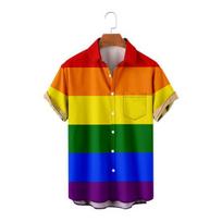Men Summer Shirt Color Matching Bright Colors Turn-down Collar Single-breasted Short Sleeves Cooling Buttons Rainbow Color Plus Size Beach Shirt Men M